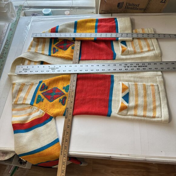 Vtg Womens Cardigan Sweater 1970s Open Front Medium Aztec Western Red Yellow - Picture 5 of 6